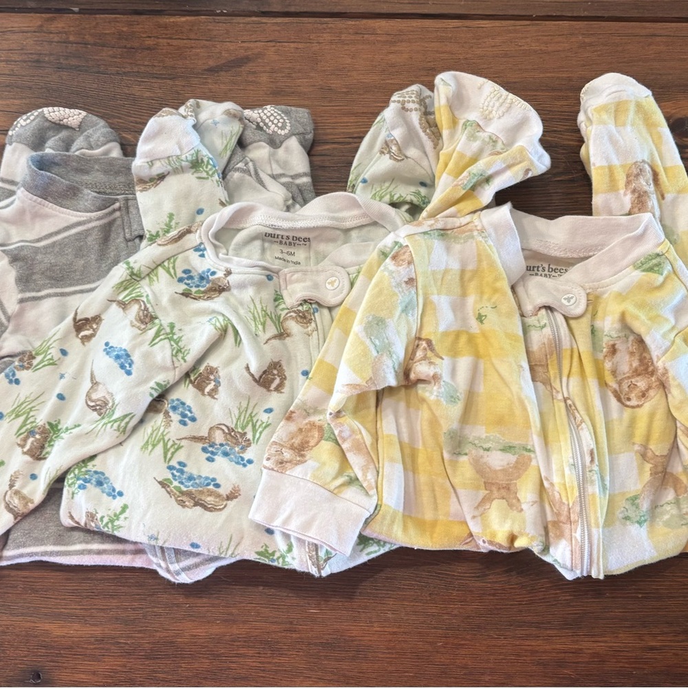 3 Burts Bees PJs. Bundle. Stripes, Bunnies, Chipmunks